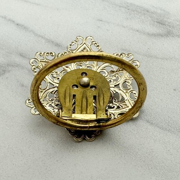 Vintage German Ornate Floral Gold Tone Dress Scarf Clip Filigree ✨ - Picture 11 of 11